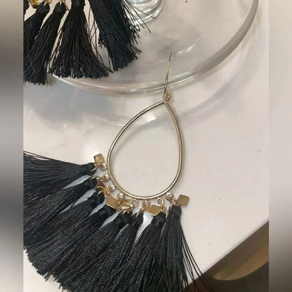 BLACK FRINGE DROP TEARDROP HOOP EARRINGS GOLD TONE FUN AND FESTIVE - Picture 7 of 10